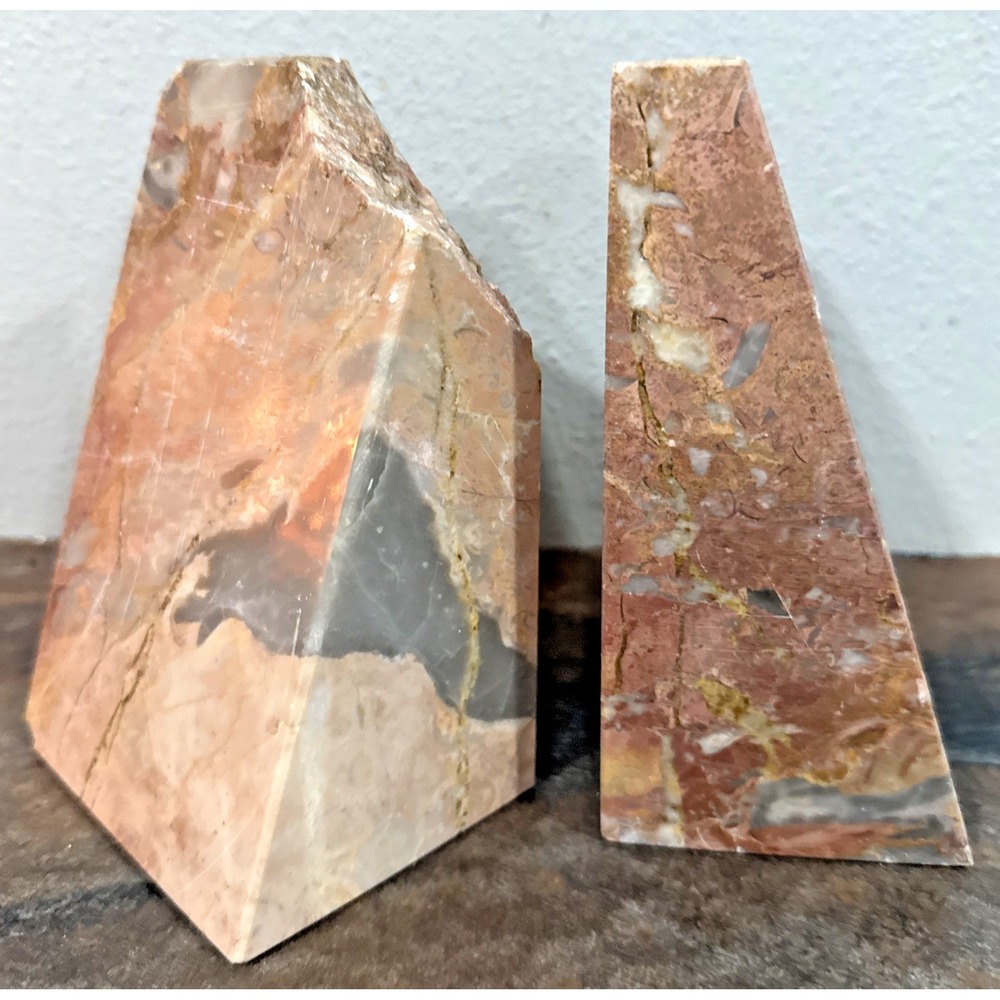Vintage Pink Red Marble Wedge Bookends Heavy Angular Modern 6 x 4